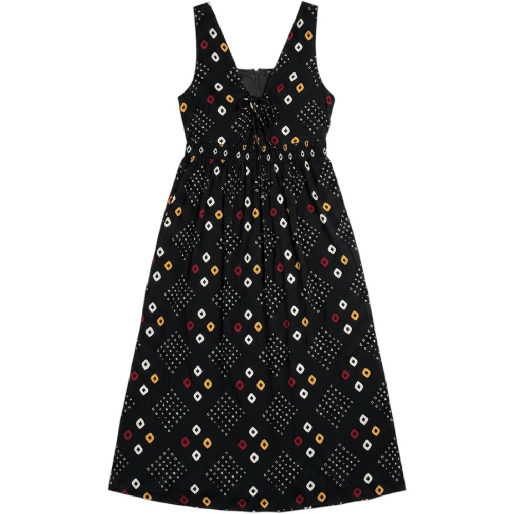 Free People Black Geometric Print Lace Up Smocked Waist Midi Dress OB487101 S